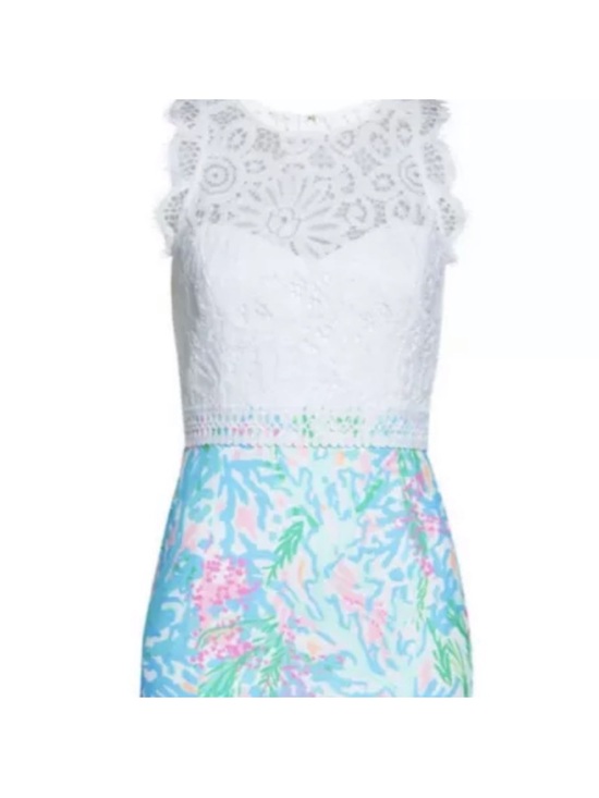 Dresses & Skirts - Lace Bodice Floral Print Sleeveless Dress - White & Pastel Blue